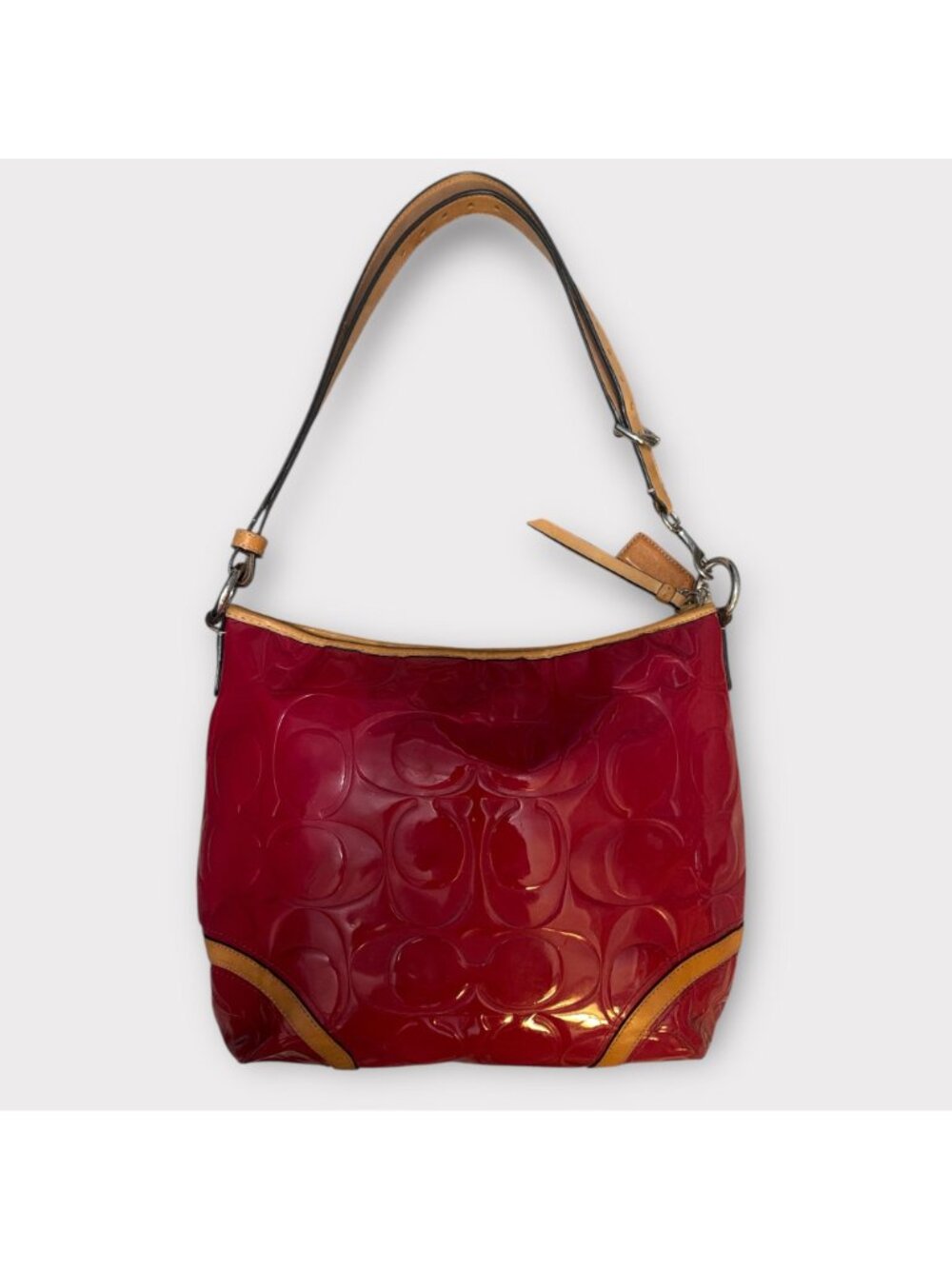 Coach Peyton Embossed C Patent Leather Hobo F20022 Pink Cerise Tan Trim Converts - Picture 4 of 9